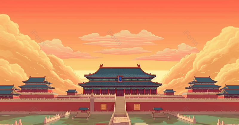 对称城楼红色城墙红色渐变大气国潮风插画故宫远山祥云,插画/手绘图,插画/手绘图库,插画/手绘图下载,插画/手绘